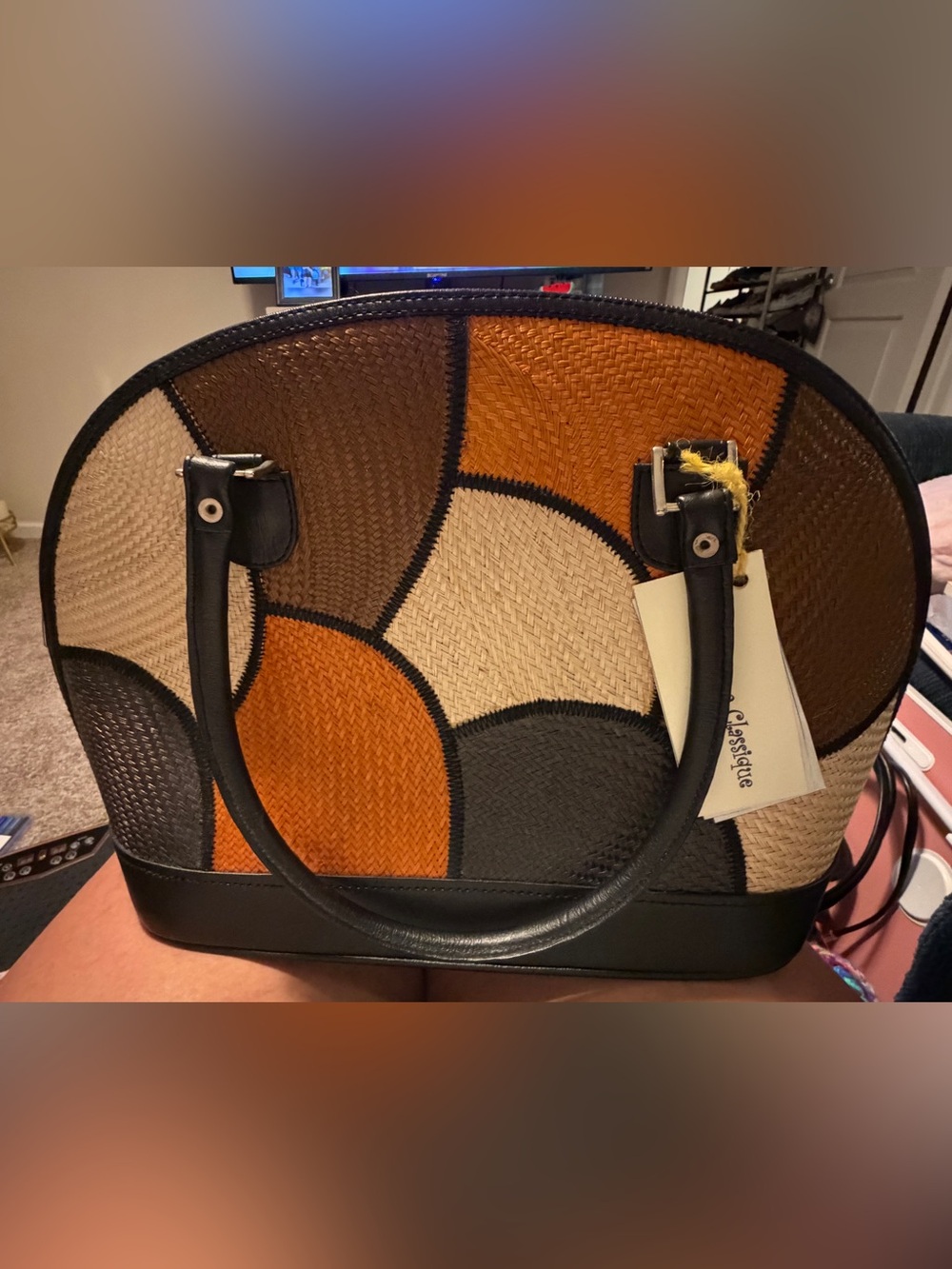 No Name Woven Colorblock Dome Satchel Handbag - Black, Brown & Orange